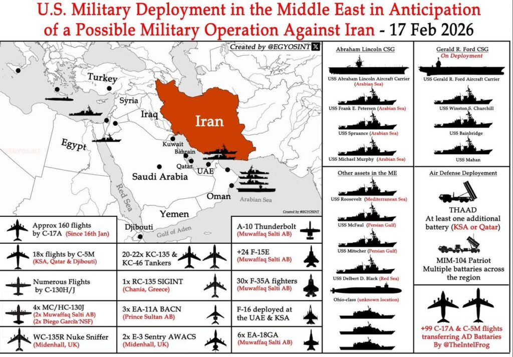 Pentagon Expands Massive Military Deployment Near Iran 2 US military deployment in the Middle East showing aircraft carriers, fighter jets, and missile defense systems positioned near Iran.