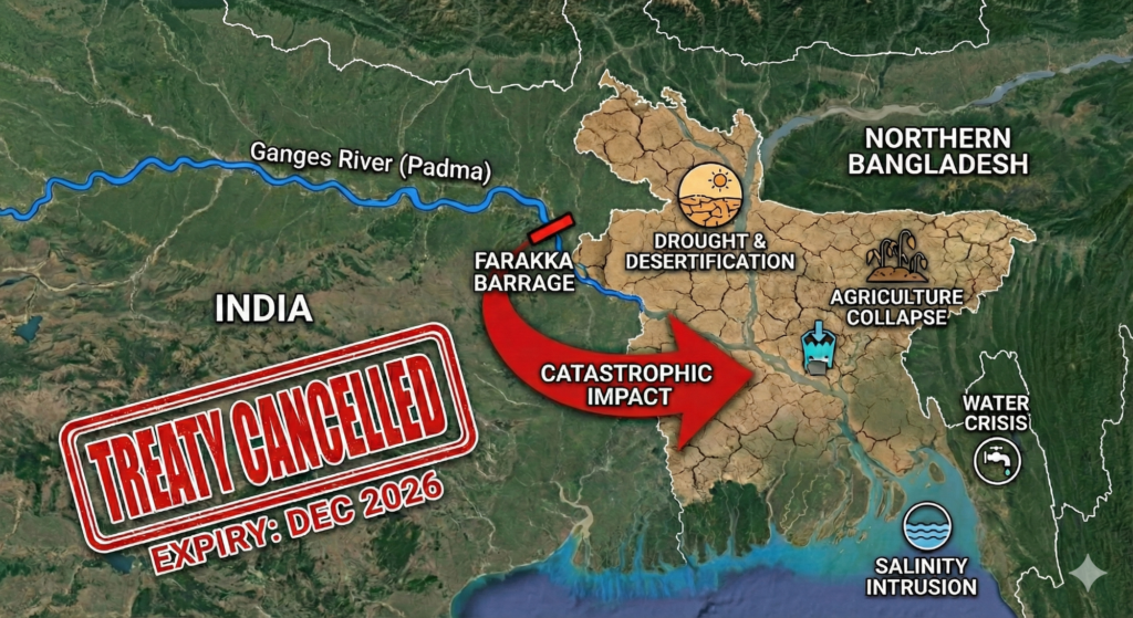Map illustration of the potential Ganga Water Treaty crisis in 2026. A red arrow indicates water diversion at India's Farakka Barrage, leading to projected desertification, agricultural collapse, and water scarcity in Northern Bangladesh. Icons highlight drought risks and salinity intrusion.
