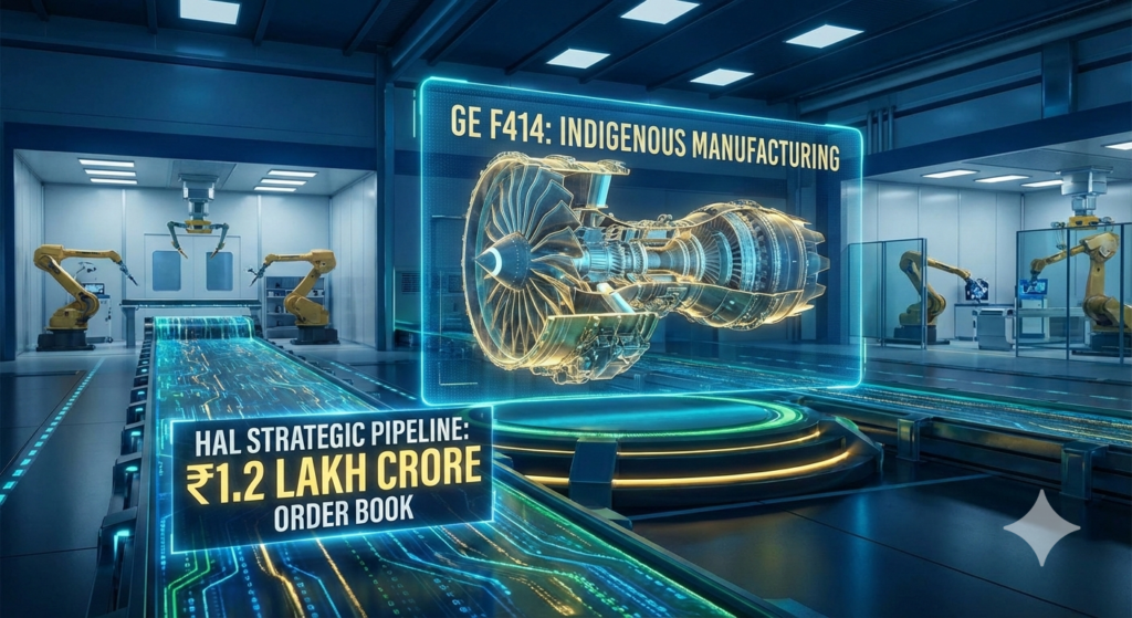 Strategic visualization of HAL's ₹1.2 Lakh Crore order book and the indigenous manufacturing of GE F414 engines in India.
