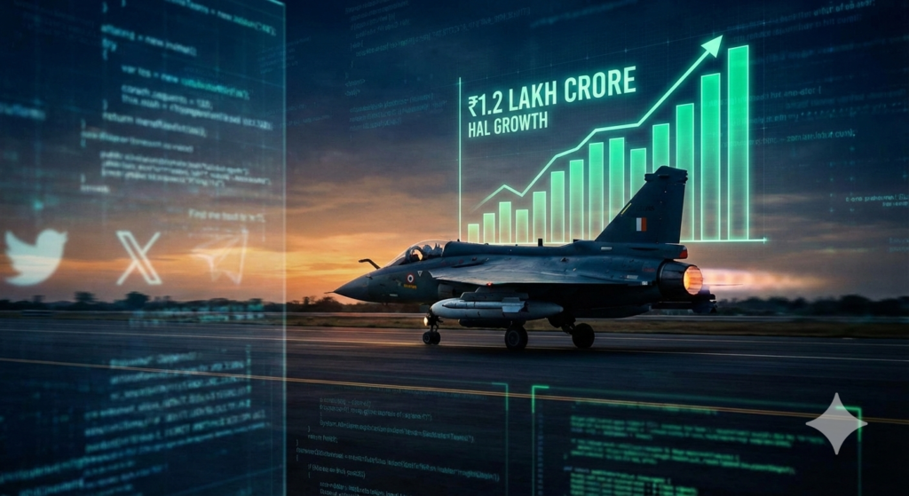 The Tejas Truth: HAL Stock Analysis Amid the Global Propaganda War 6 HAL Stock Analysis showing LCA Tejas fighter jet with ₹1.2 Lakh Crore growth trajectory and strategic data overlays.