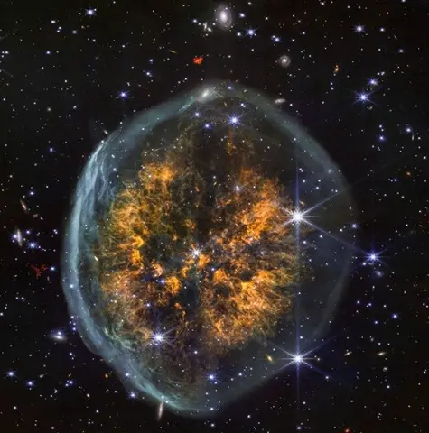 NASA James Webb Space Telescope infrared image of the Exposed Cranium Nebula (PMR 1) showing a detailed 'brain' structure within a ghostly hydrogen shell.