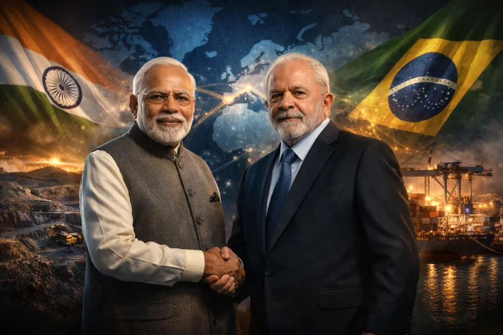 India–Brazil strategic axis partnership showing leaders, trade routes, and critical minerals supply chain cooperation
