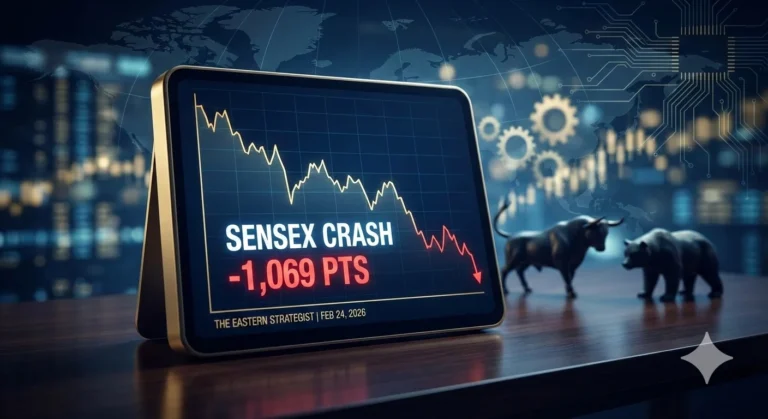 Strategic analysis of the Sensex crash today featuring the Nifty IT index decline and market impact of Trump tariffs and AI disruption