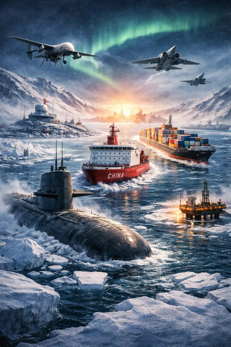 WWIII at Sub-Zero: Why the Arctic Is the World's Most Dangerous New Battlefield 10 Arctic geopolitics 2026 showing Northern Sea Route map, submarine under polar ice, and strategic military presence in the High North