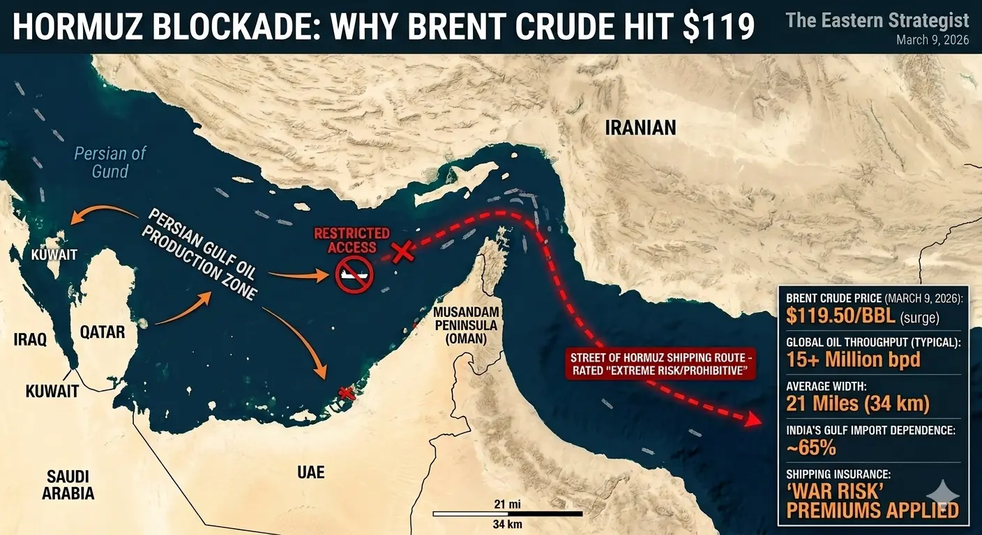 Strait of Hormuz infographic showing global oil shipping chokepoint and tanker routes