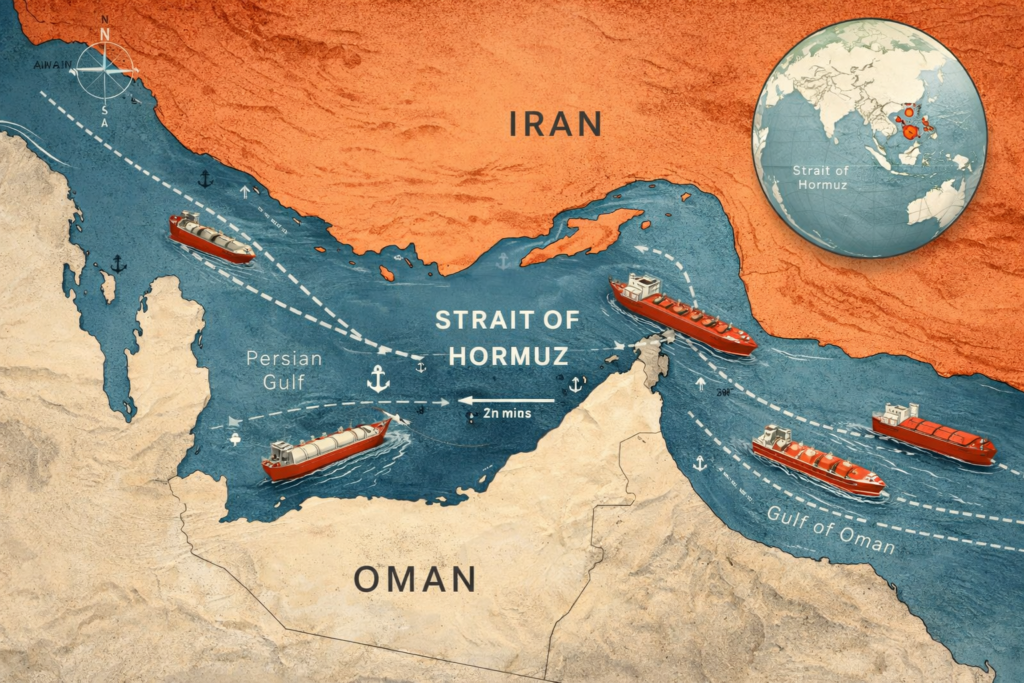 Map showing the Strait of Hormuz oil shipping lanes between Iran and Oman