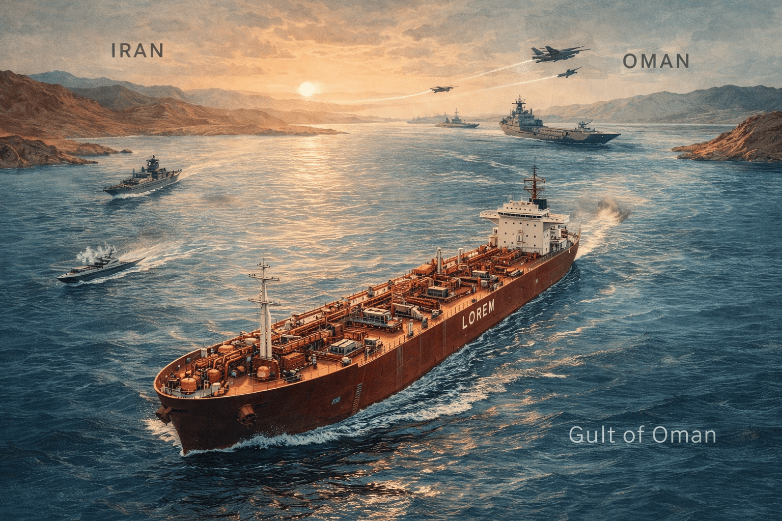 Oil tanker passing through the Strait of Hormuz between Iran and Oman with naval vessels highlighting the strategic global energy shipping route.