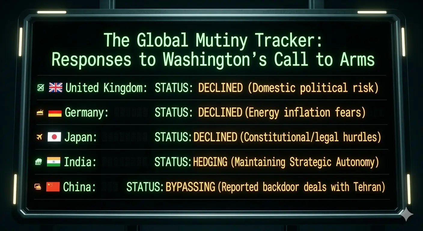 Geopolitical dashboard showing the status of major powers refusing Trump's call to arms