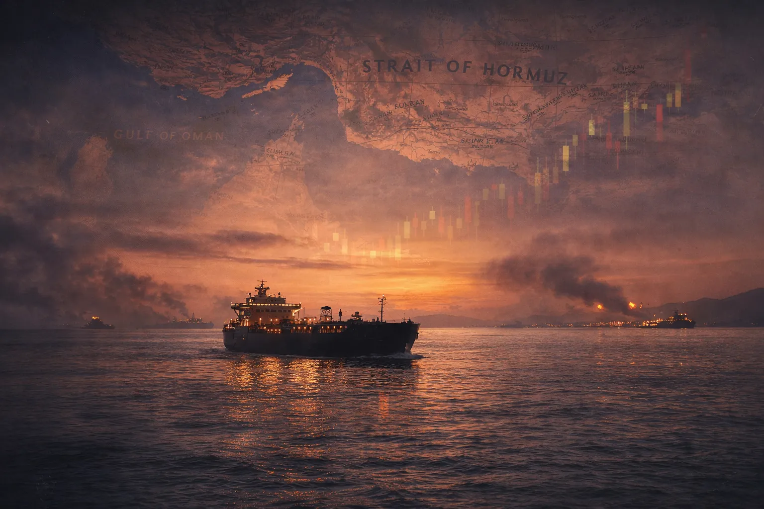 Strait of Hormuz at dusk with an oil tanker, distant smoke, and subtle market tension as the Iran-US crisis threatens global energy flows and Indian markets.