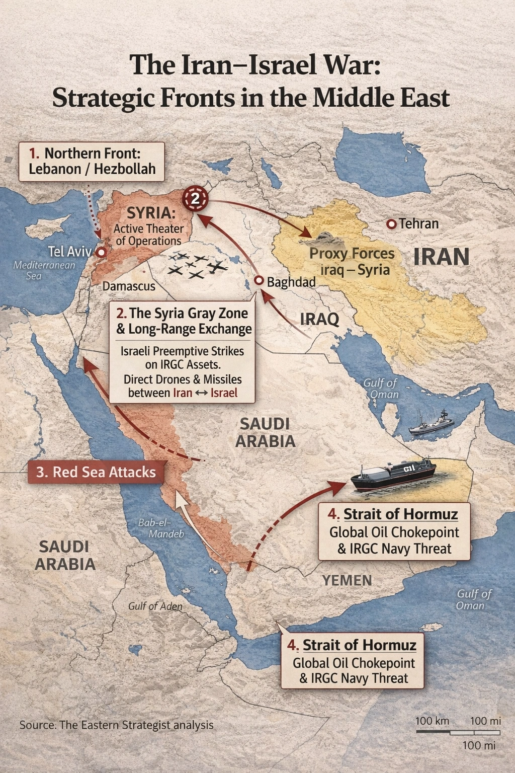 Iran–Israel war map showing strategic fronts in Lebanon, Syria, Red Sea and the Strait of Hormuz oil chokepoint