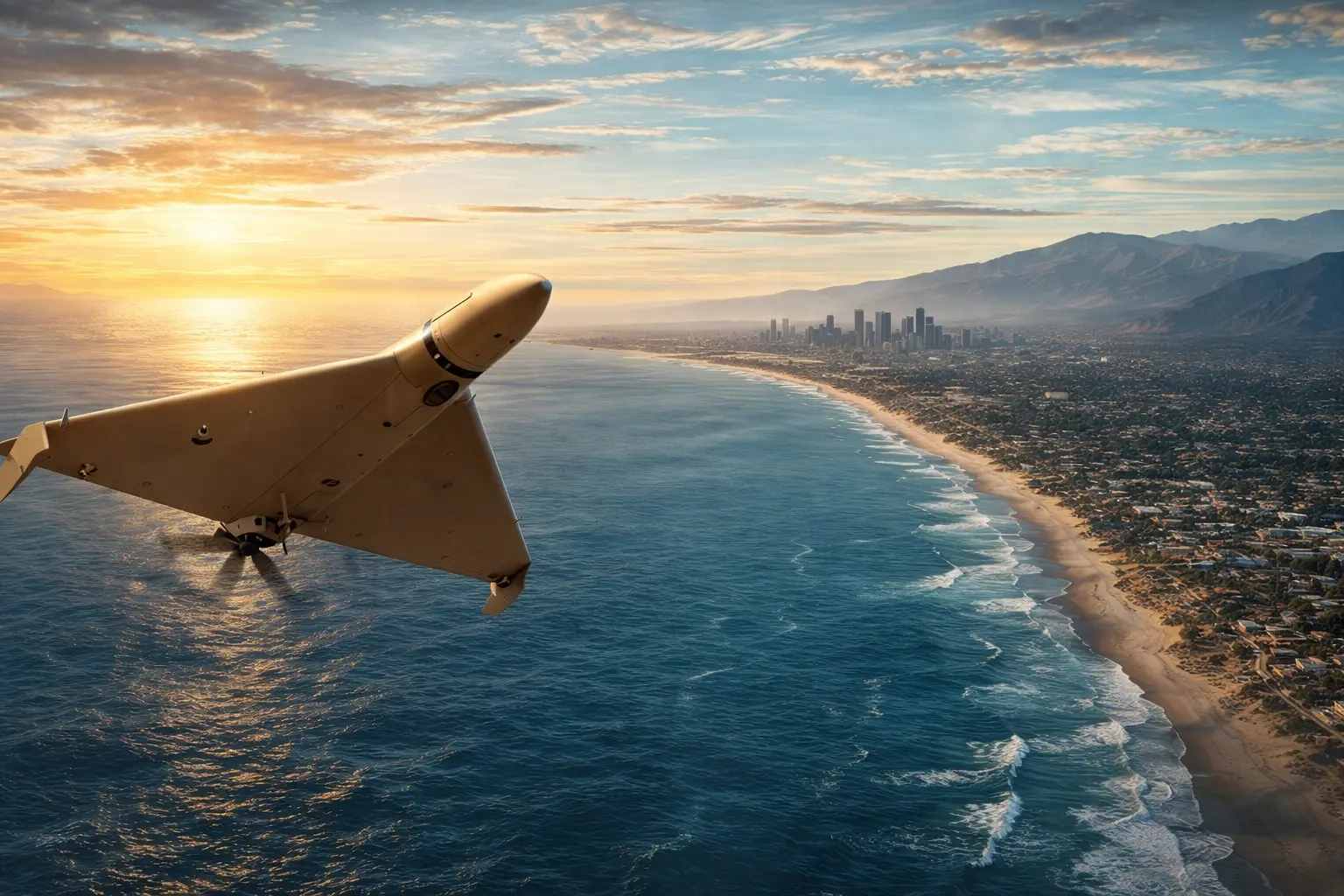 Iran drone attack California illustration showing Iranian drone approaching the U.S. West Coast.