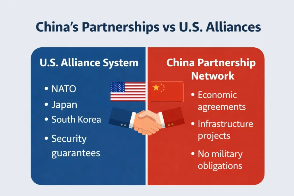Why China Didn’t Defend Iran 3 China partnerships vs US alliances infographic explaining alliance system and partnership network