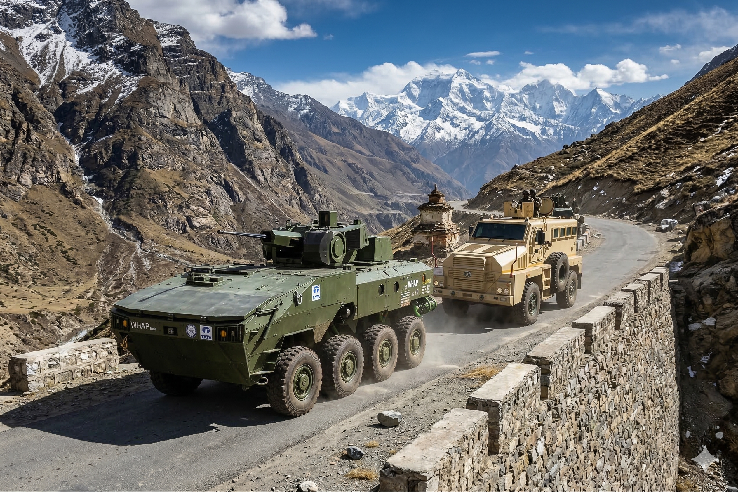 Tata military mobility vehicles, including a green WhAP 8x8 and a tan armored truck, navigating a high-altitude mountain road near the Line of Actual Control.