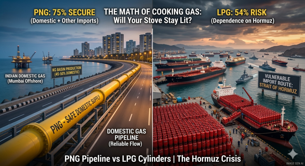 PNG vs LPG reality: Pipeline gas is mostly shielded by domestic supply, while LPG cylinders remain heavily exposed to Gulf shipping through the Strait of Hormuz.