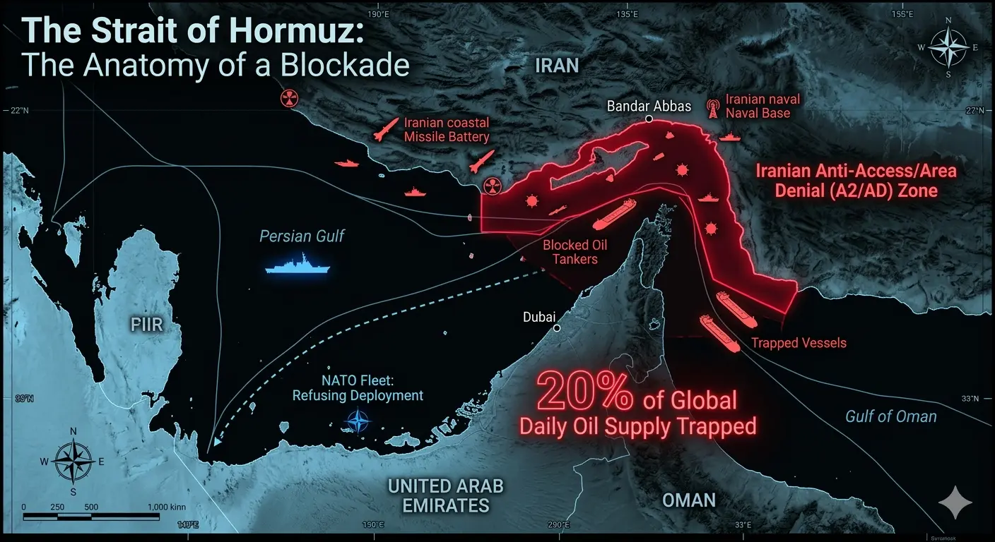 Tactical map of the Strait of Hormuz showing the Iranian blockade zone and US isolation