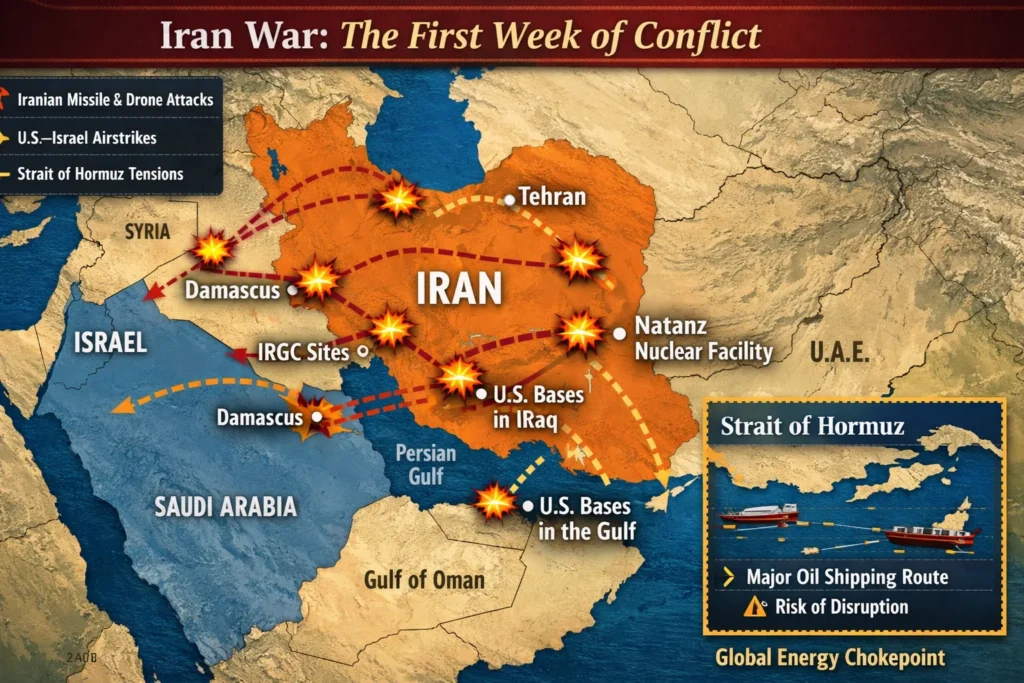 Iran war first week analysis: missile launch routes and U.S.–Israel strike zones across the Middle East.