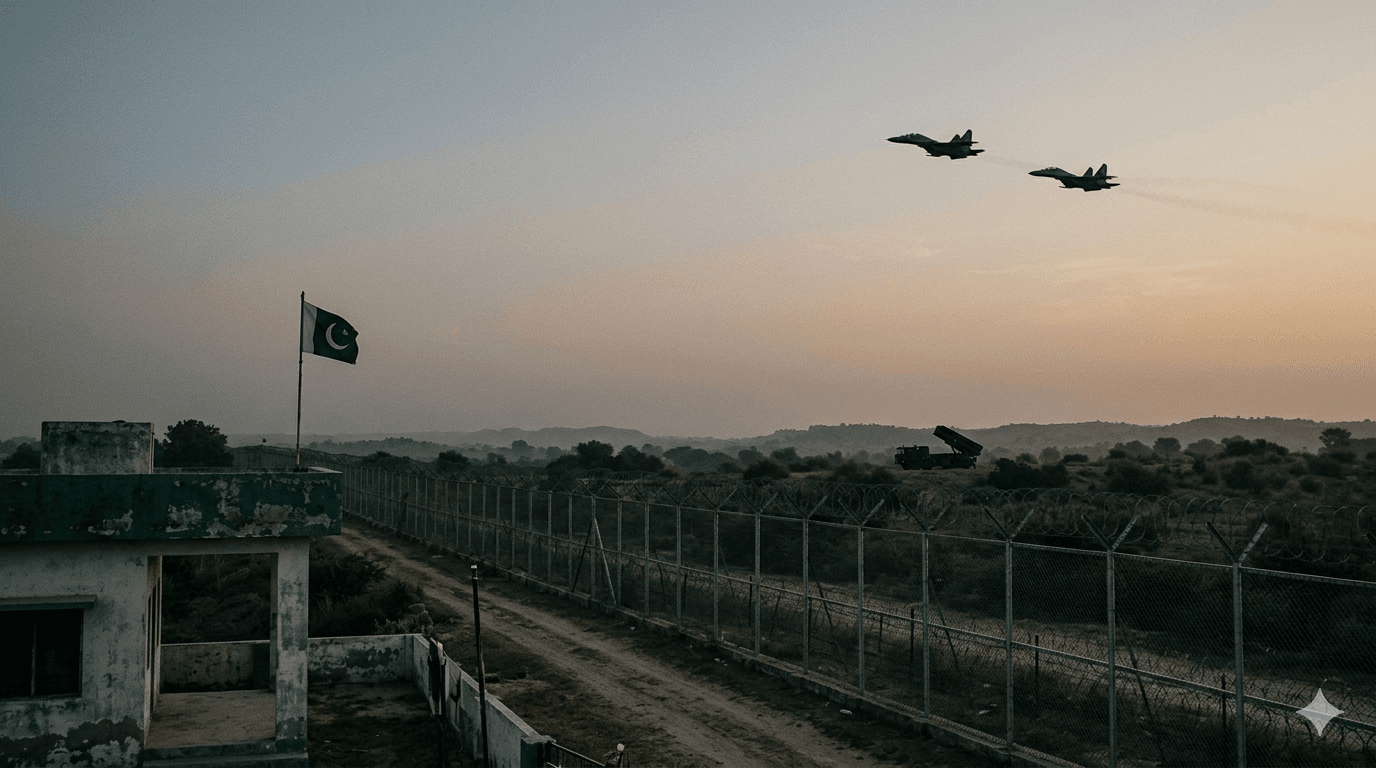 Pakistan Kolkata Threat:Pakistan border post with flag, barbed fence, distant fighter jets and missile launcher in a tense dawn scene