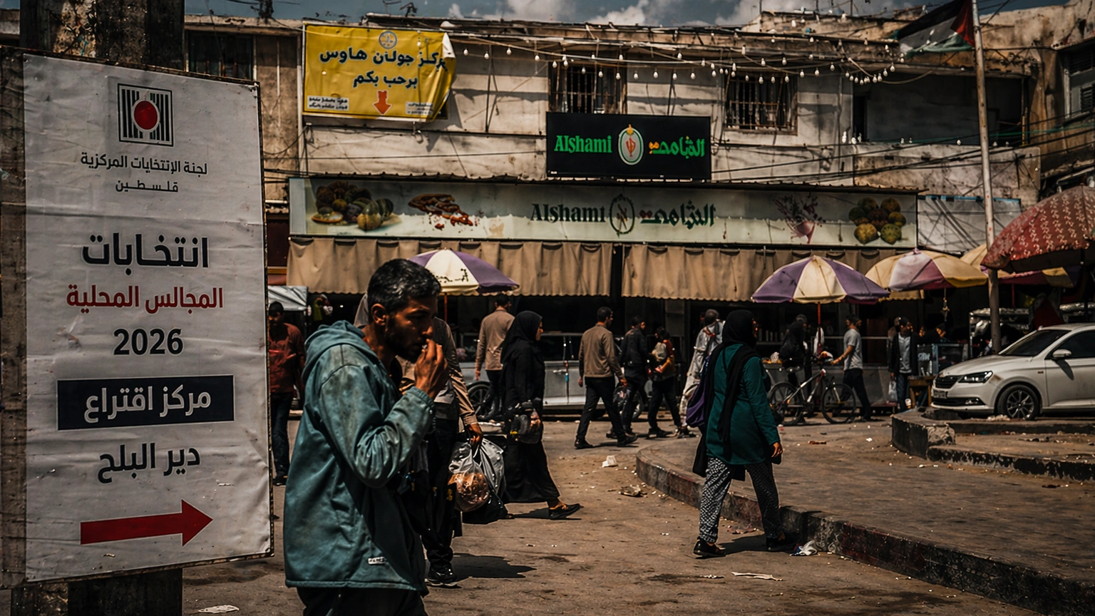 Gaza local election 2026 in Deir al-Balah showing civilians walking past an election signboard amid damaged urban buildings