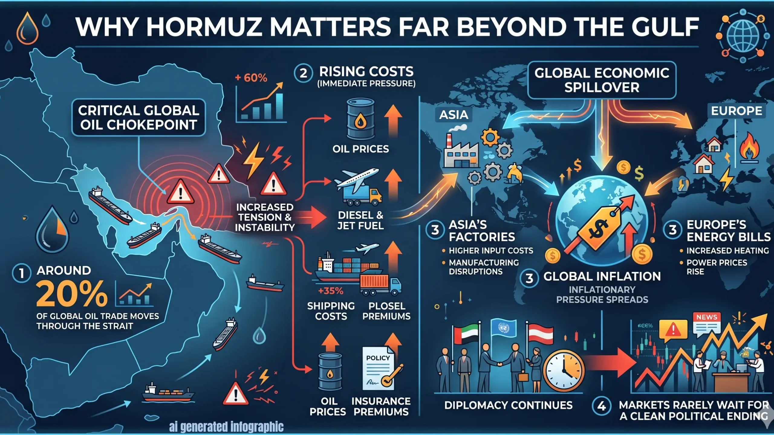 Oil tanker route infographic showing how Strait of Hormuz tension affects oil prices shipping costs Asia and global inflation