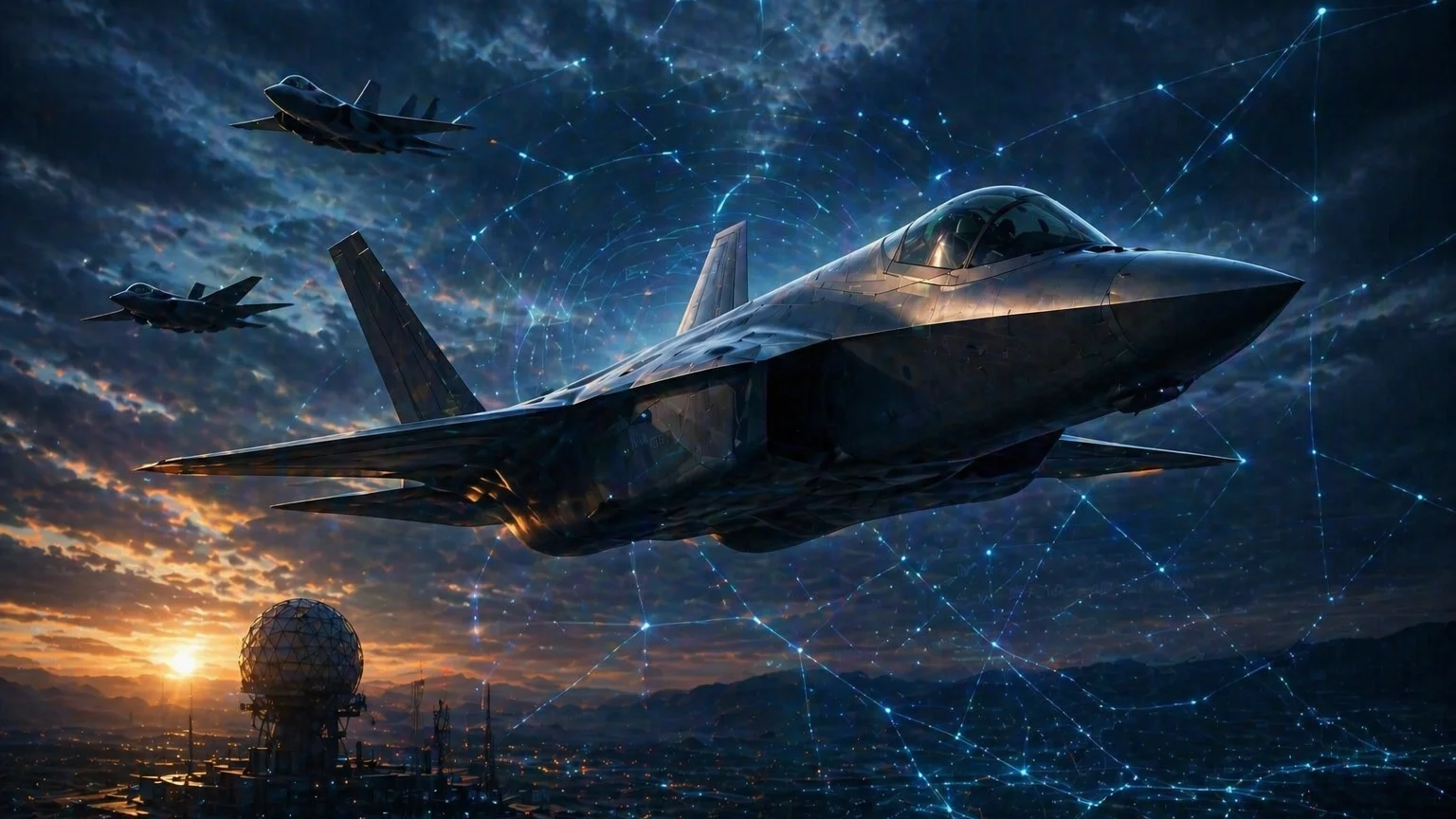 Futuristic stealth fighter jet flying through a digital network overlay, symbolising India’s software-defined battlefield and AI-driven aerospace future.