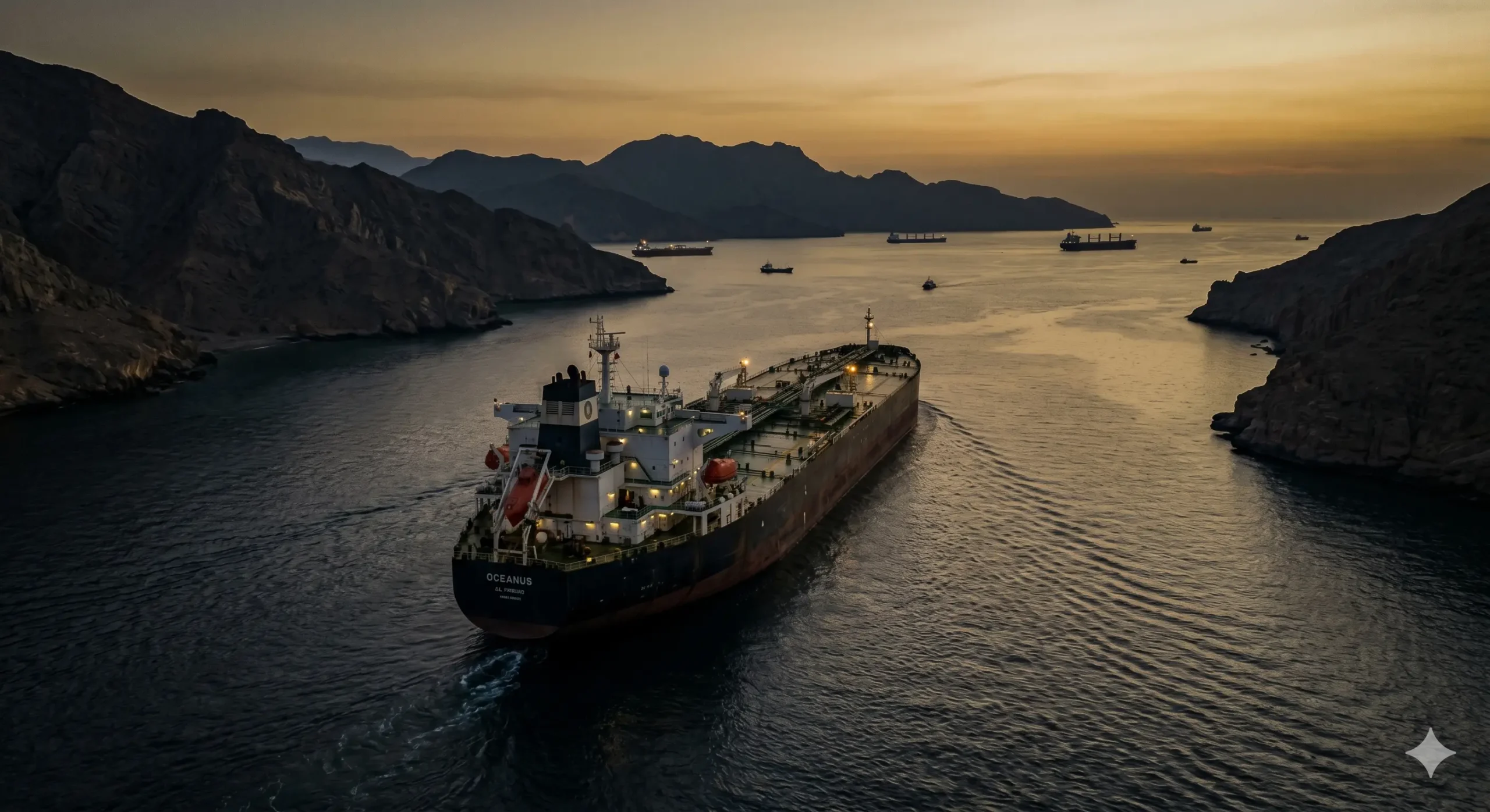 Oil tanker in the Strait of Hormuz at dusk illustrating the Hormuz crisis economic impact on global oil trade