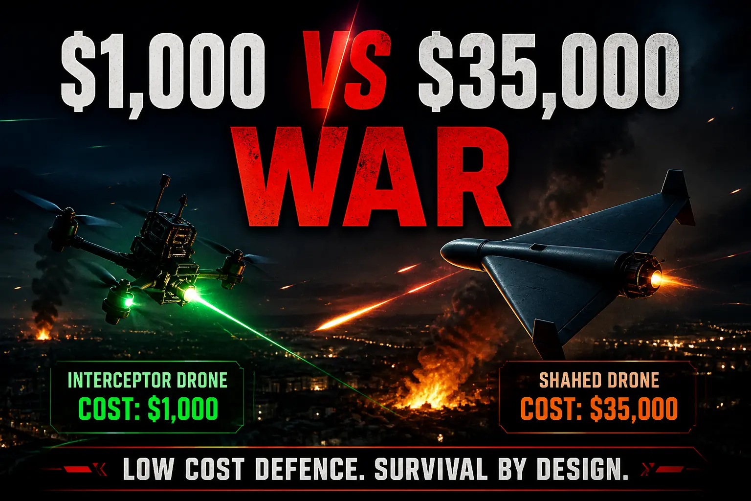 Ukraine drone war showing $1000 interceptor drone vs $35000 Shahed attack drone