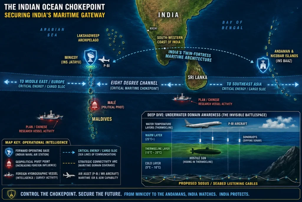 trategic map showing the Eight Degree Channel and the location of INS Jatayu on Minicoy Island relative to the Maldives.