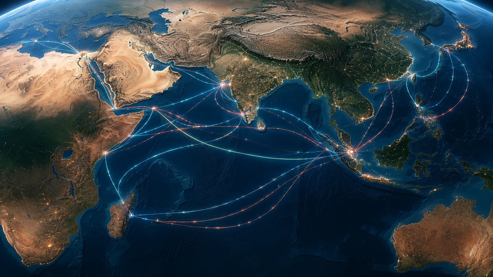 High-detail geopolitical map of the Indian Ocean showing global subsea cable routes linking India, East Africa, the Middle East and Southeast Asia with glowing digital infrastructure connections beneath the sea.Indian Ocean subsea cable geopolitics