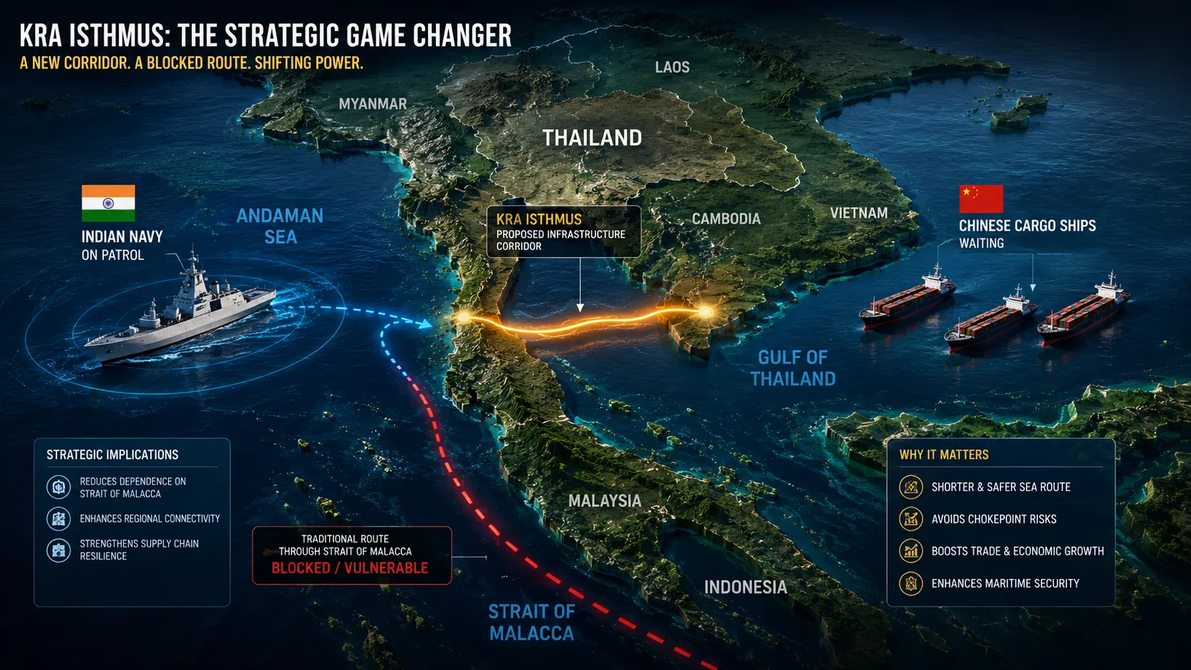 Kra Isthmus land bridge map showing Thailand logistics corridor and Strait of Malacca bypass route