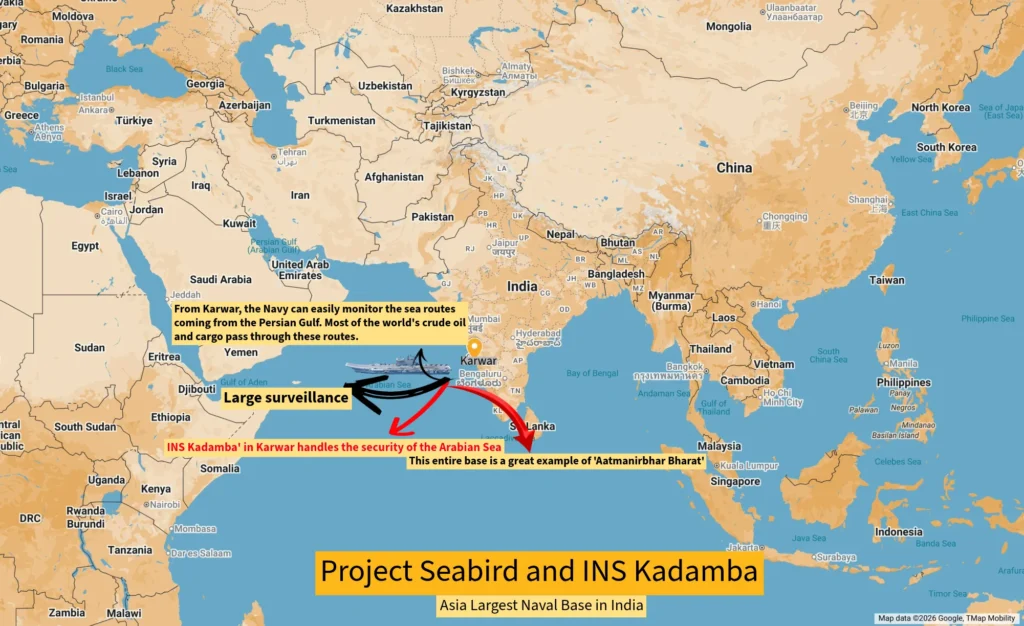 Project Seabird Karwar:Project Seabird is India’s largest naval infrastructure project, establishing the strategic INS Kadamba base at Karwar, Karnataka. Sanctioned in 1985 to reduce congestion in Mumbai, it spans 11,000 acres, featuring Asia's largest naval base, a shiplift system, and a 2,700m runway, aiming to base 50+ frontline warships