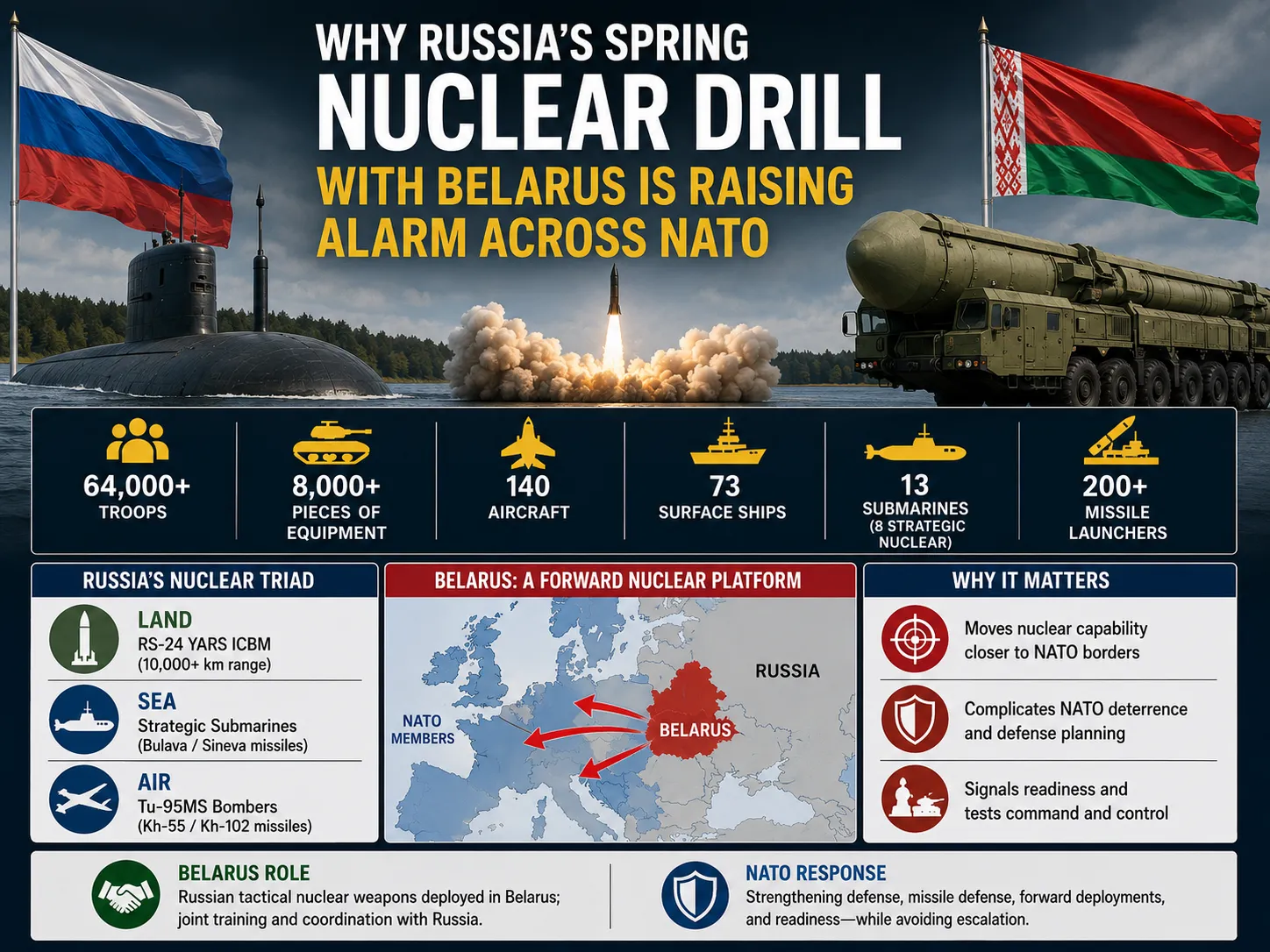 Infographic showing Russia spring nuclear drill with Belarus, including missile launch imagery, strategic submarines, nuclear-capable missile systems, troop numbers, and NATO response analysis.