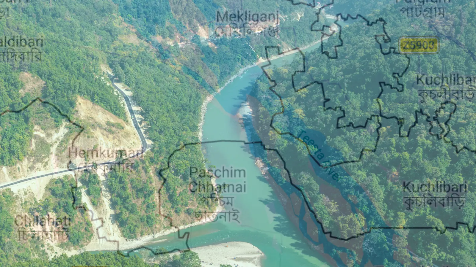 Teesta Strategic Geopolitic: Map showing Teesta River proximity to Siliguri Corridor and India-Bangladesh border security zones.