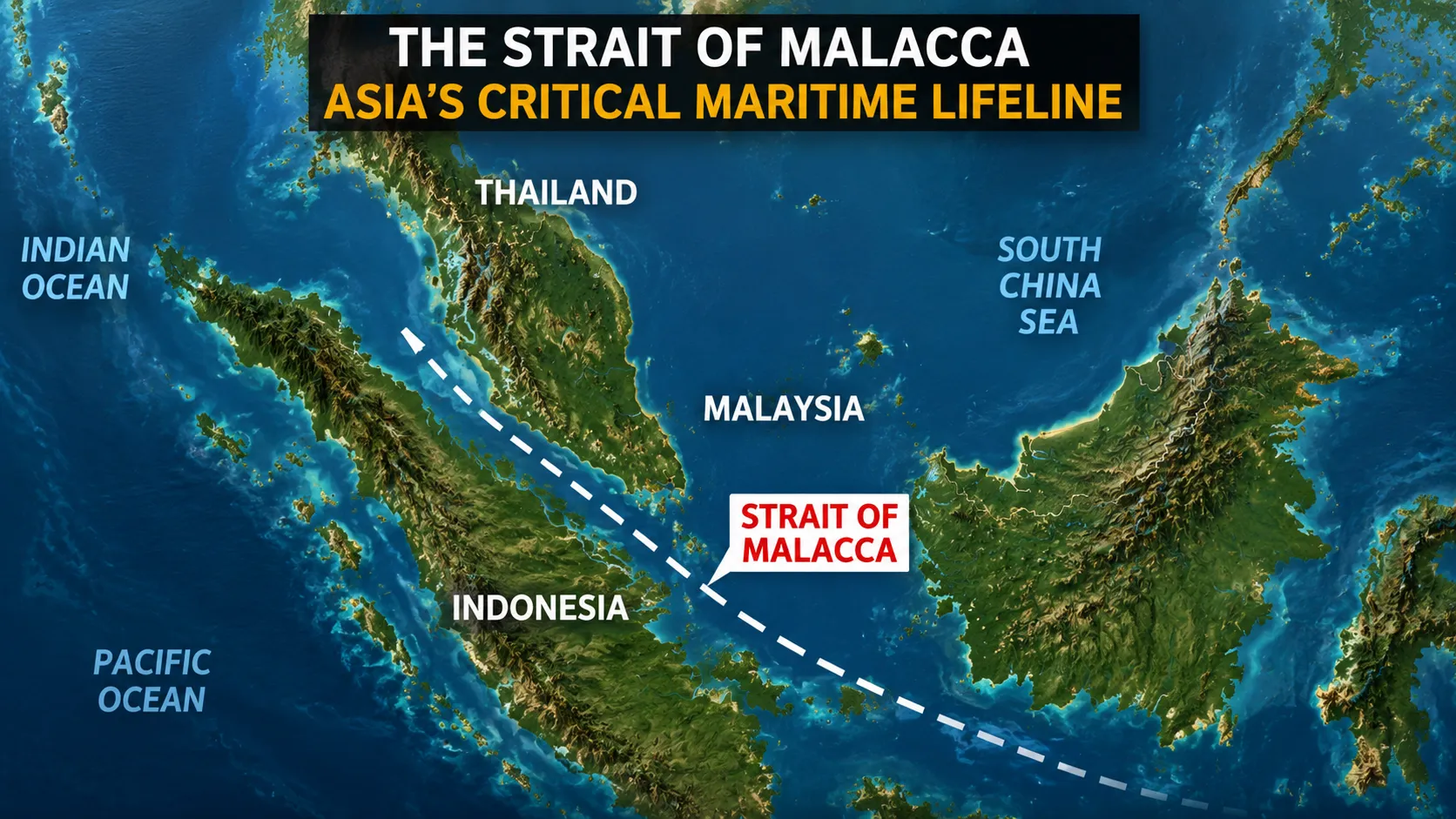 Strait of Malacca trade route map showing Southeast Asia maritime chokepoint and global shipping lanes