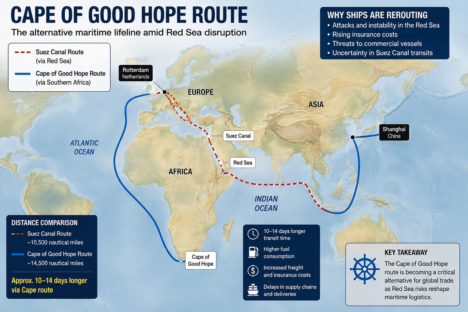 Why the Cape of Good Hope Shipping Route Is Gaining Strategic Importance Amid the Red Sea Crisis Cape of Good Hope shipping route map showing global shipping rerouting during the Red Sea crisis
