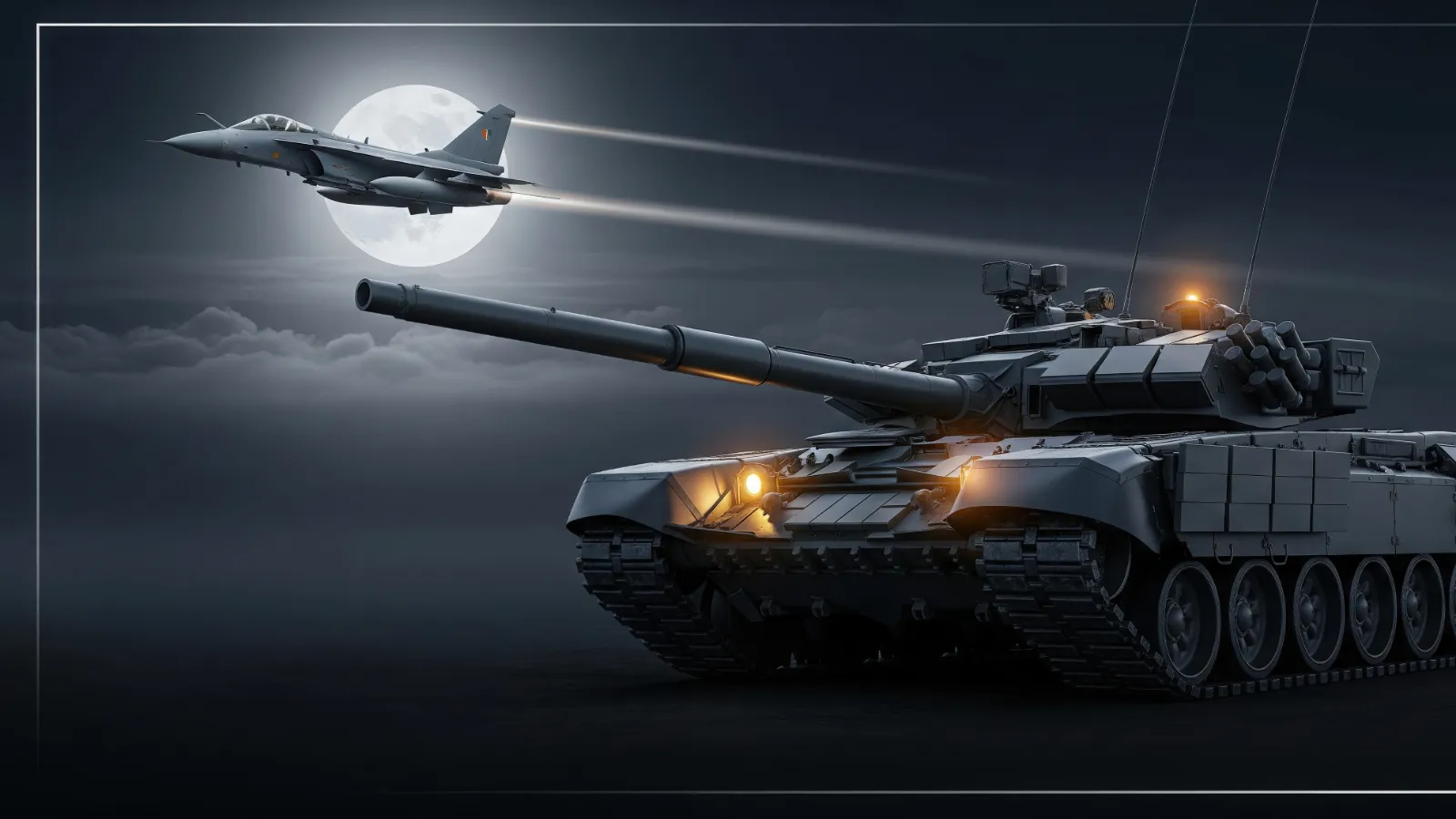 India Defence MSMEs Explained, a fighter plane and a tank, dark background