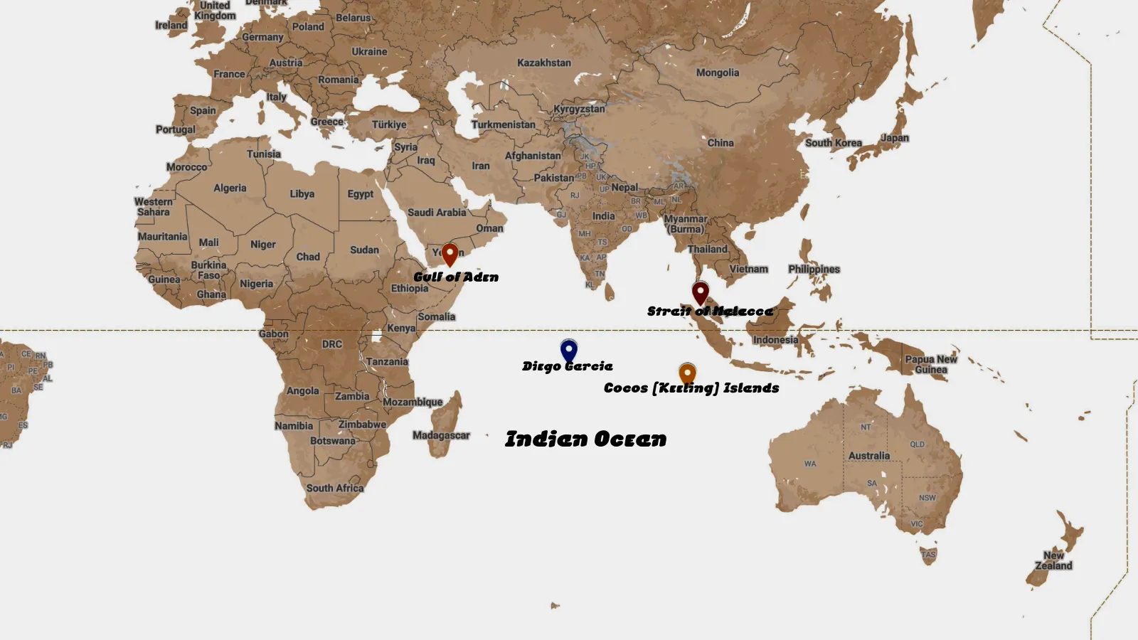 Cocos Islands Geopolitics: Map showing the strategic location of Cocos Islands in the Indian Ocean near the Sunda and Lombok straits.
