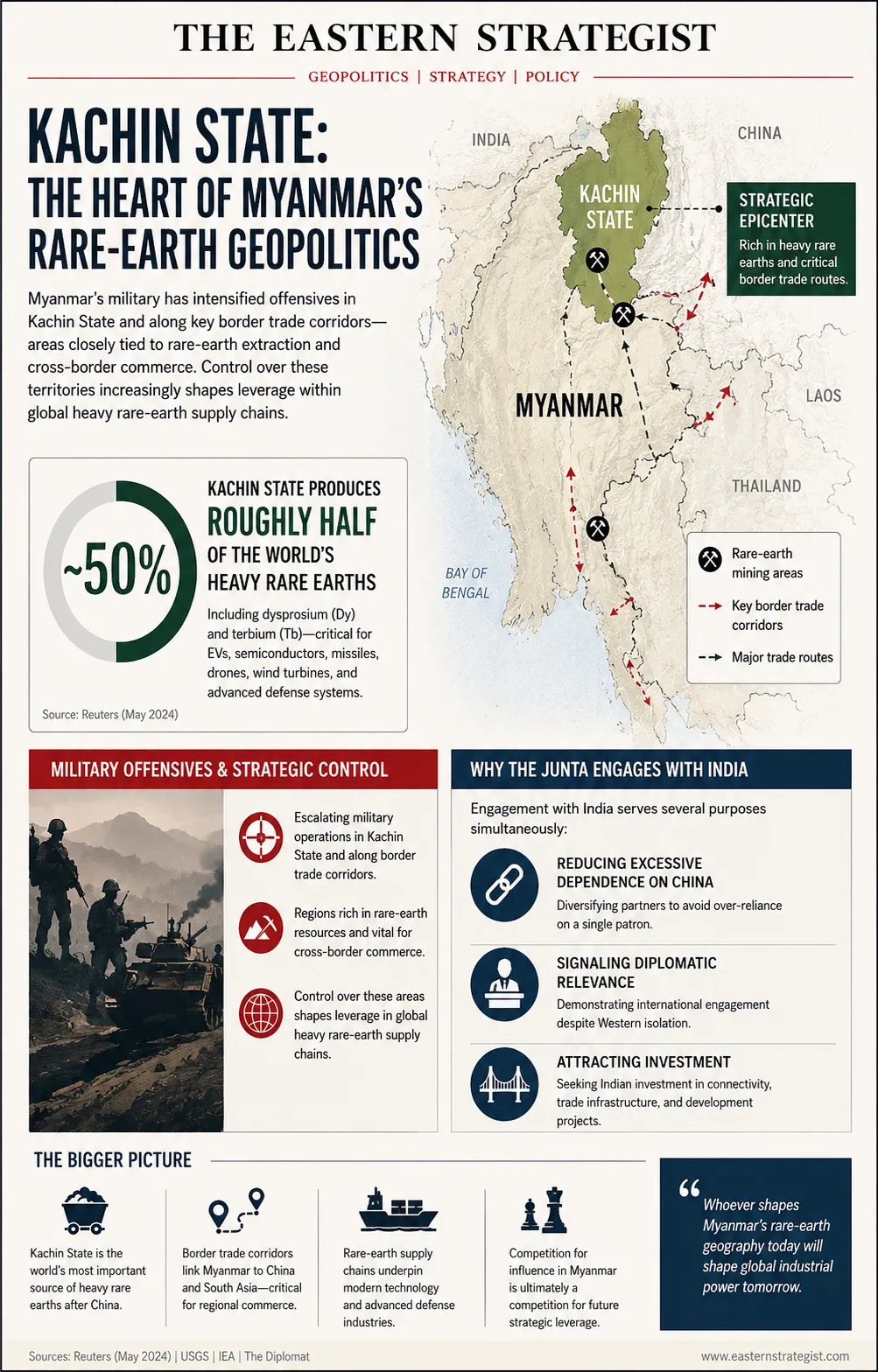 The Eastern Strategist infographic showing Myanmar Rare Earths in Kachin State as a major global source of heavy rare earths, highlighting military offensives, India-China competition, strategic trade corridors, and the importance of rare earth minerals for EVs, semiconductors, missiles, drones, and defense industries.