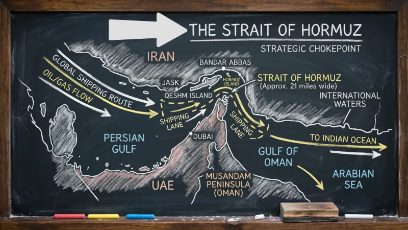 Strategic maritime map of the 2026 Strait of Hormuz crisis showing the IRGC control zones, the US naval blockade, and Indian Navy 'Operation Urja Suraksha' escort routes for India-bound energy tankers near the April 18 attack site of the Sanmar Herald.
