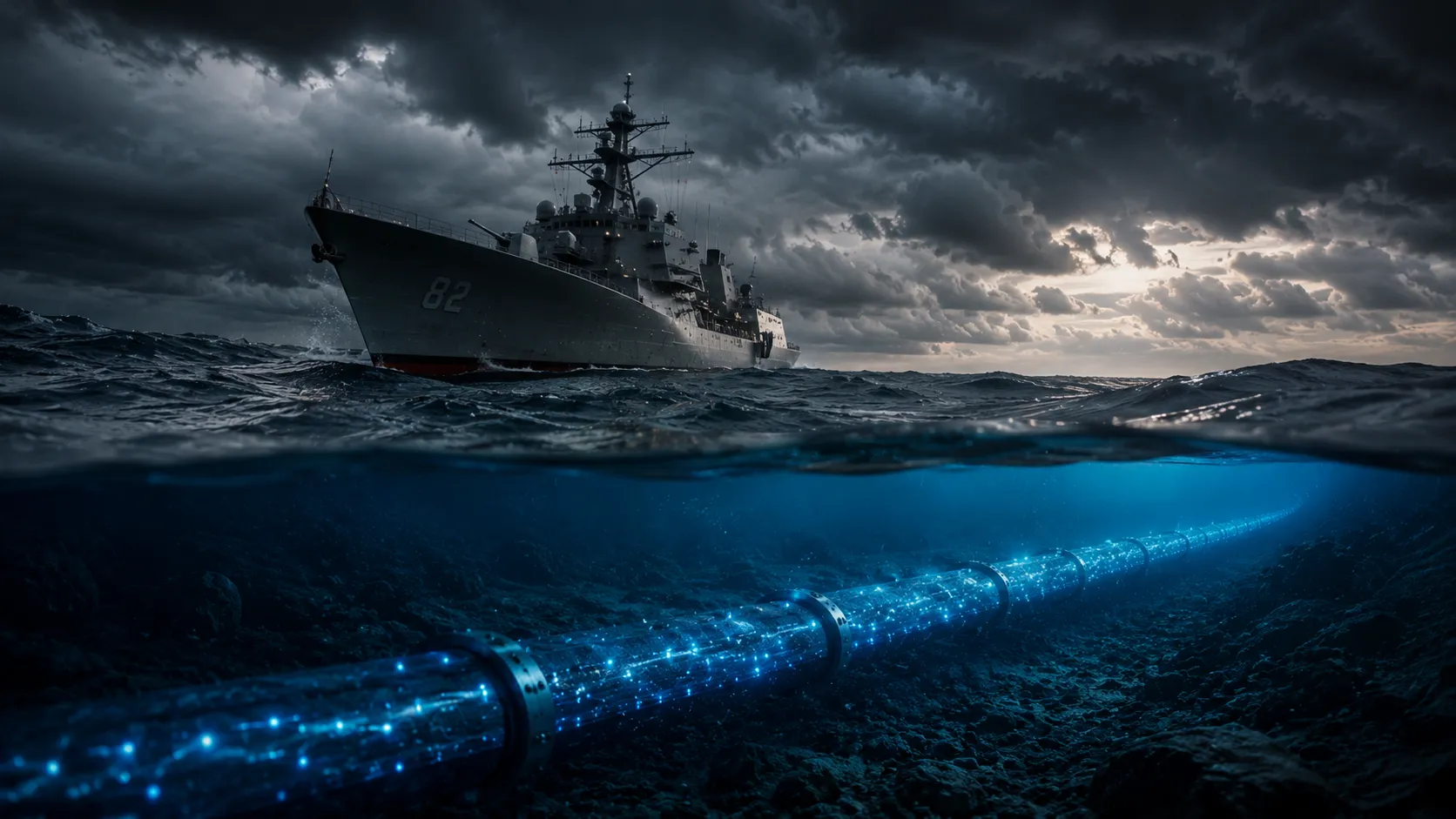 Submarine Cable Geopolitics: A stealth submarine hovering over a glowing fiber-optic submarine internet cable on the ocean floor, representing seabed warfare.