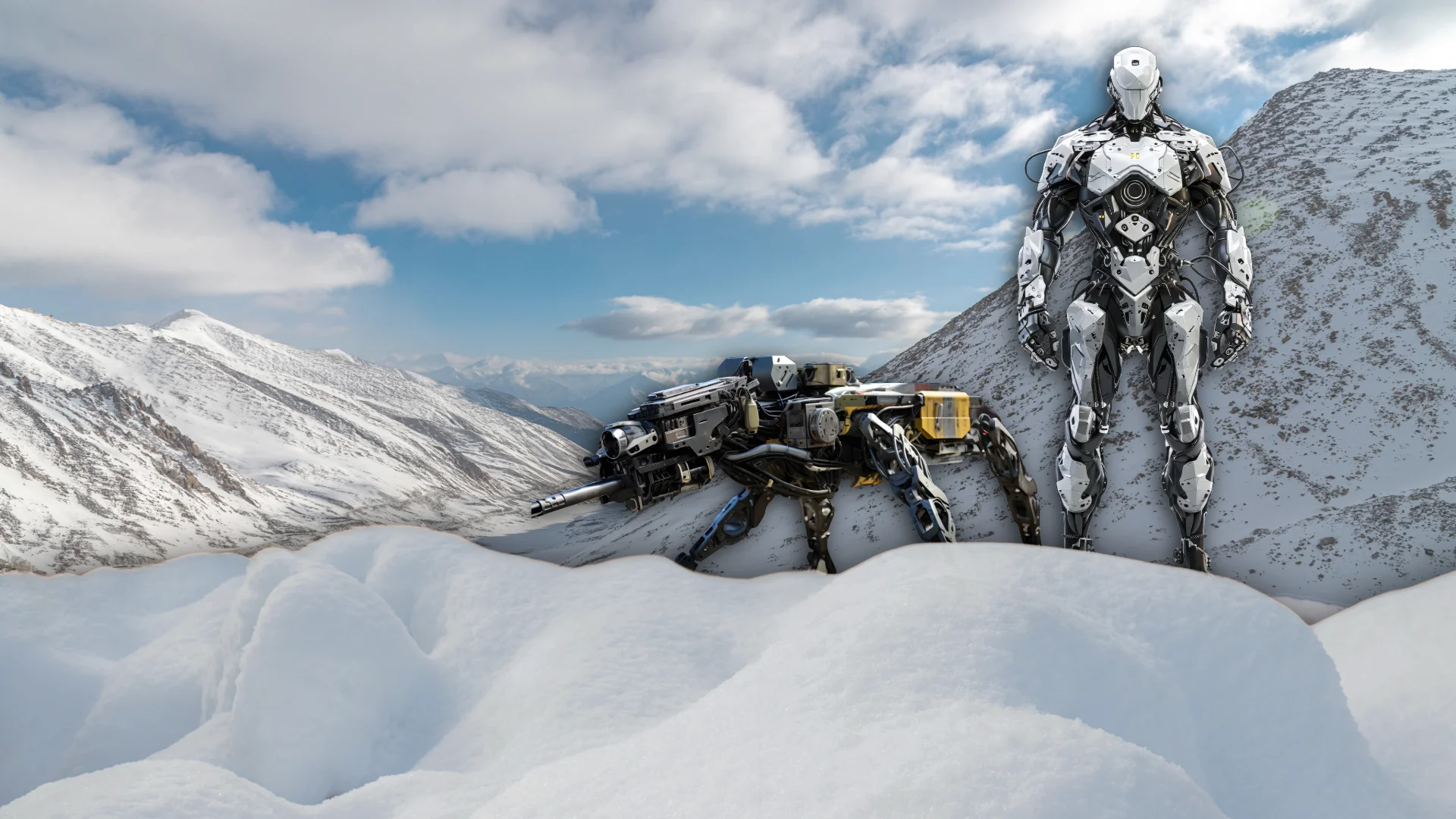 Can Military Robots Protect Siachen?Concept illustration of Indian military robots, UGVs and drones in high-altitude warfare.