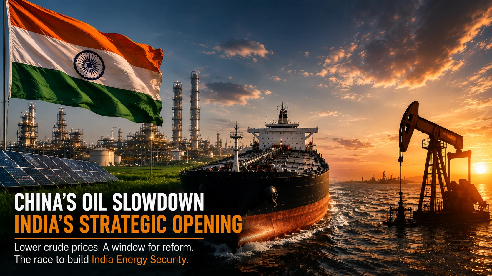 India Energy Security: How China's Oil Slowdown Is Giving New Delhi Time to Reduce Oil Dependence India Energy Security feature image showing an oil tanker, refinery infrastructure, solar panels, and an Indian flag as China oil demand slows and crude oil prices remain under pressure.