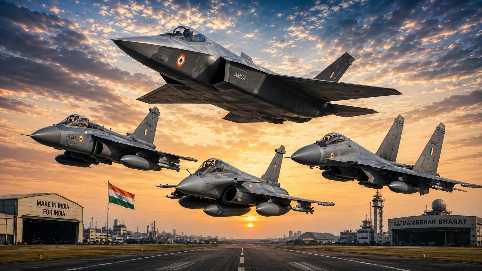 India Fighter Jet Programs featuring AMCA, Tejas, Rafale and Su-30MKI in formation above an Indian airbase, representing the future of Indian Air Force modernization and aerospace self-reliance through 2040.