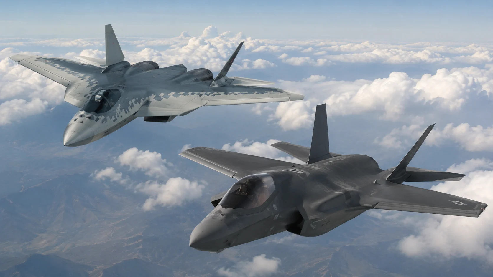 Rostec's Su-57 Stealth Claims Under the Microscope: How Capable Is Russia's Fifth-Generation Fighter? Su-57 and F-35 stealth fighter jets flying above clouds during a comparative aviation concept image illustrating competing fifth-generation fighter designs.(Rostec Su-57 Stealth Capabilities)
