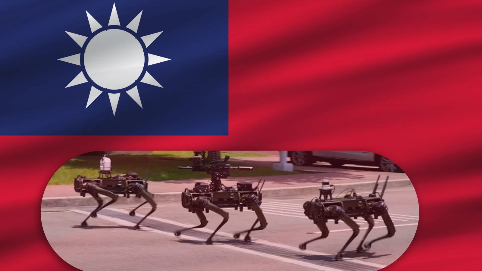 Autonomous Warfare Race, Taiwan military showcases robotic dog equipped for surveillance and reconnaissance during a defense technology demonstration.