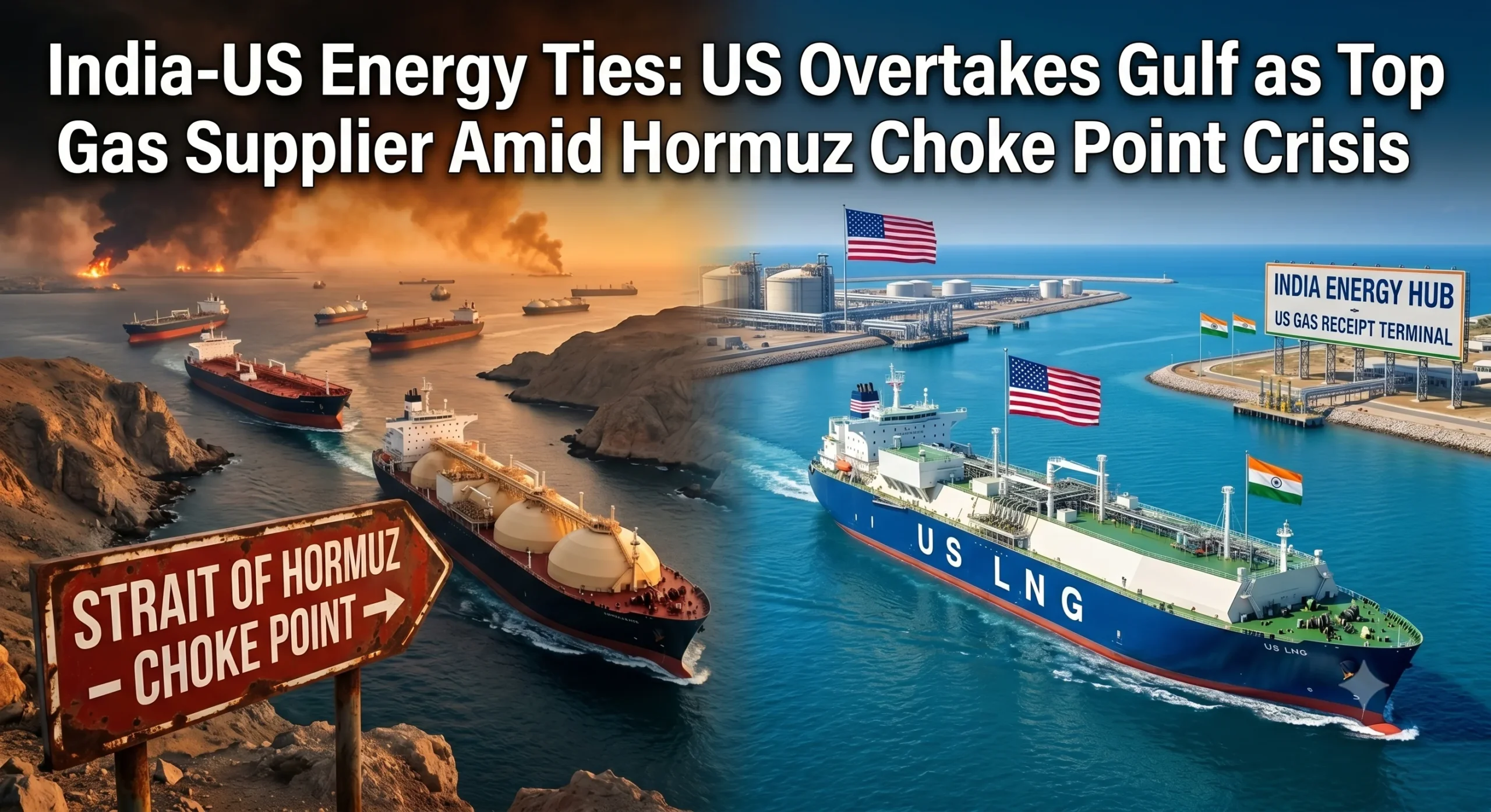 U.S. Overtakes Gulf as India’s Top Gas Supplier Amid Hormuz Choke Point Crisis Split feature image illustrating India-US energy ties, contrasting oil tankers navigating a smoky Strait of Hormuz chokepoint on the left with a modern US LNG carrier arriving at a clear blue Indian gas receipt terminal on the right.