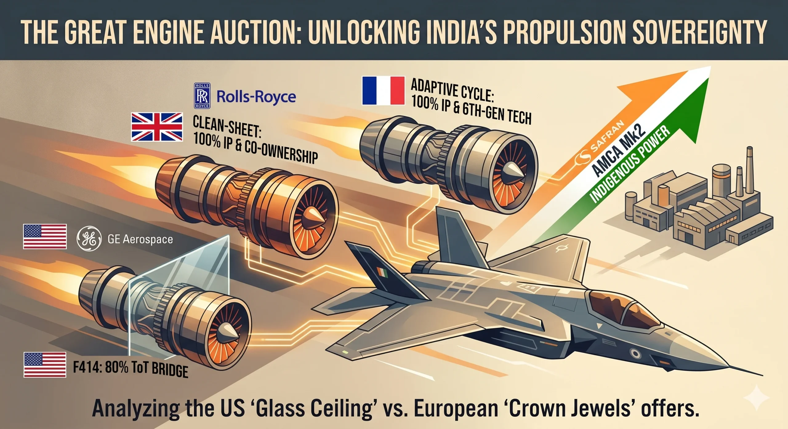 Infographic comparing AMCA engine technology transfer proposals for India's 5th-generation stealth fighter, showing the US GE-F414 with restricted 80% transfer of technology versus the UK Rolls-Royce and French Safran 100% IP co-development offers.