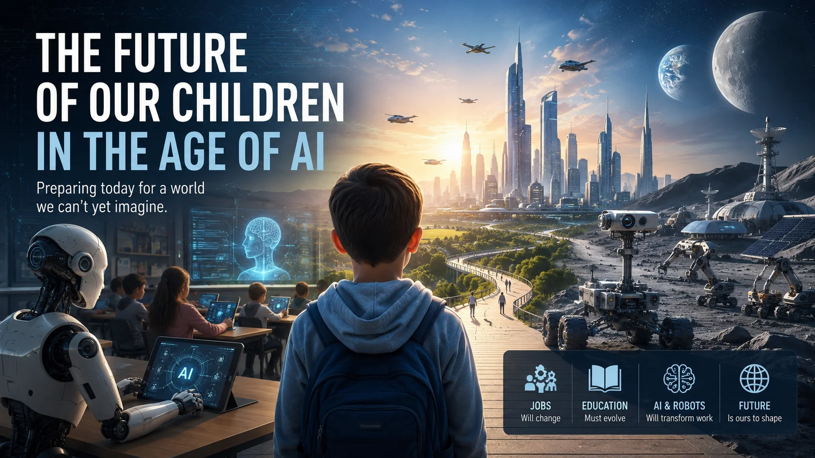 Future of AI concept illustration showing a school-age child looking toward a futuristic city, AI-powered robots, advanced classrooms, autonomous machines, and a lunar base, symbolizing the impact of artificial intelligence on jobs, education, technology, and humanity's future.