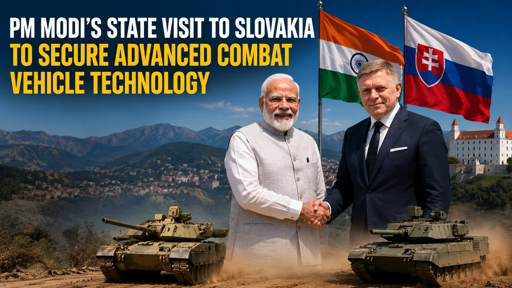 Modi Slovak Visit Secures Armor Tech to Unblock India’s Delayed $7.2 Billion FRCV Fleet Against China Indian Prime Minister Narendra Modi and Slovak Prime Minister Robert Fico shake hands during a state visit to Slovakia, with the Indian and Slovak flags displayed behind them. Military tanks are shown in the foreground, symbolizing defense cooperation and advanced combat vehicle technology discussions. The background features a Slovak cityscape, mountains, and Bratislava Castle. The headline reads: “PM Modi’s State Visit to Slovakia to Secure Advanced Combat Vehicle Technology.” India FRCV program