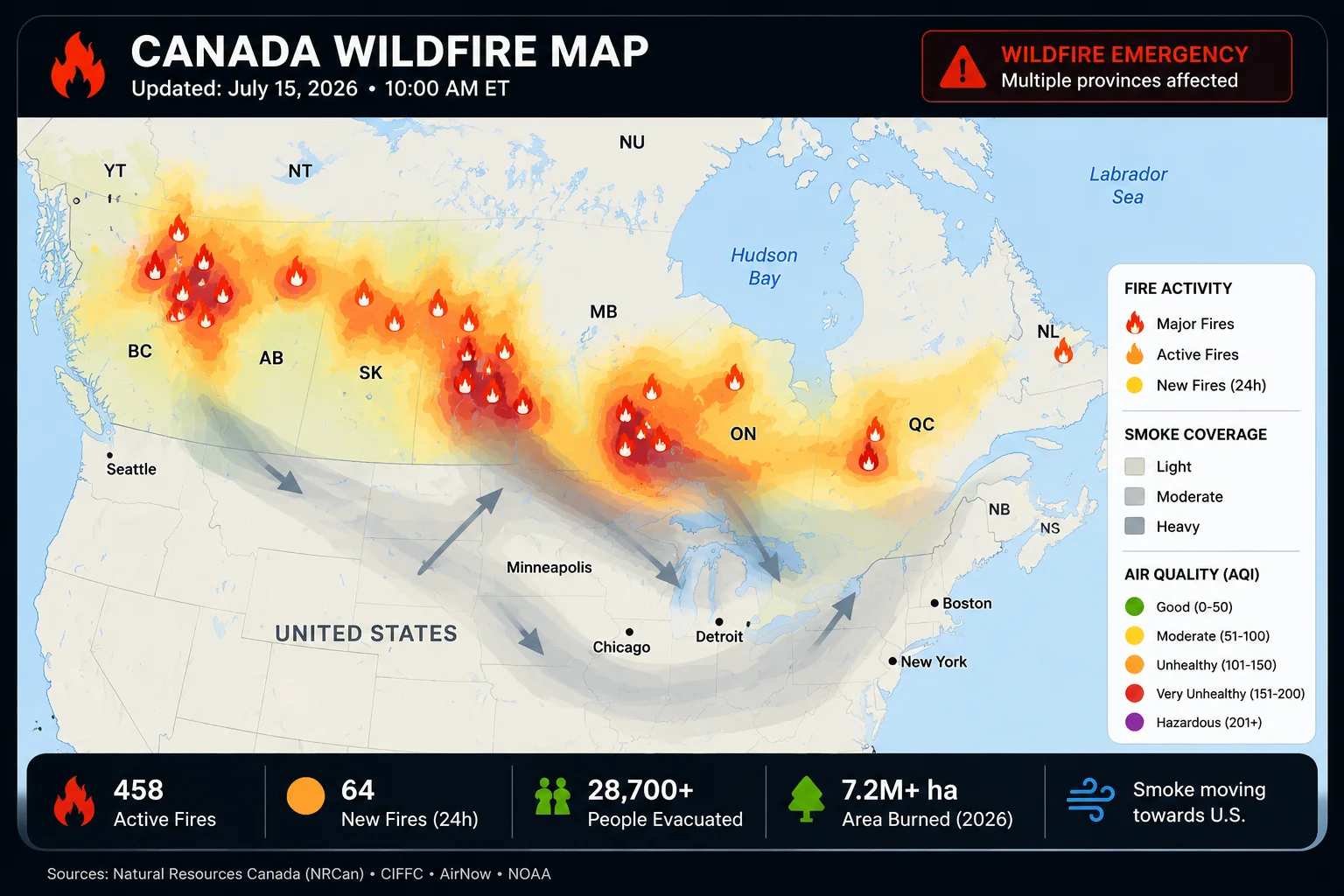 Ontario Wildfires Force Mass Evacuations as Smoke Chokes North American Cities Map showing active Canada wildfires in 2026, wildfire smoke moving into the United States, affected provinces, and regional air quality conditions.