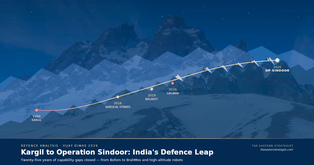 Why Altitude, Not the Enemy, Has Been India’s Toughest Adversary Since Kargil Infographic showing India's defence modernisation arc from the 1999 Kargil to the Operation Sindoor, plotted as a rising trajectory across a Himalayan mountain silhouette with milestone markers at the 2016 surgical strikes, 2019 Balakot, and 2020 Galwan clash.